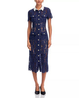 Navy Lace Contrast Collar Midi Dress