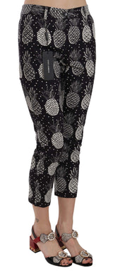 Chic Black Pineapple Print Skinny Capri Pants