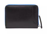 Sleek Black Leather Card Holder with Blue Accents