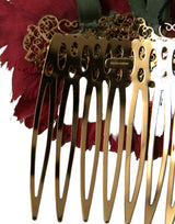 Κόκκινο μετάξι floral χρυσό ορειχάλκινο χτένα μαλλιών