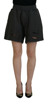 Schwarze Baumwollmitte Taille Tattered Tapesed Shorts