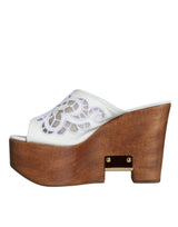 White Leather Wood Mules Wedge Slides Shoes