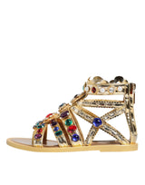 Gold Leather Crystal Gladiator Sandals Flats Shoes