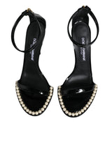 Black Keira Leather Faux Pearl Sandals Heels Shoes