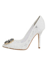 White Taormina Lace Crystal Heels Pumps Shoes
