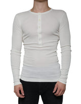 White Cotton Henley Crew Neck Pullover Sweater