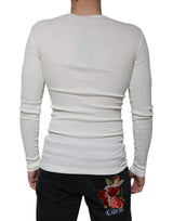 White Cotton Henley Crew Neck Pullover Sweater