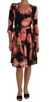 Elegant Black Shift Dress with Pink Tulips Print