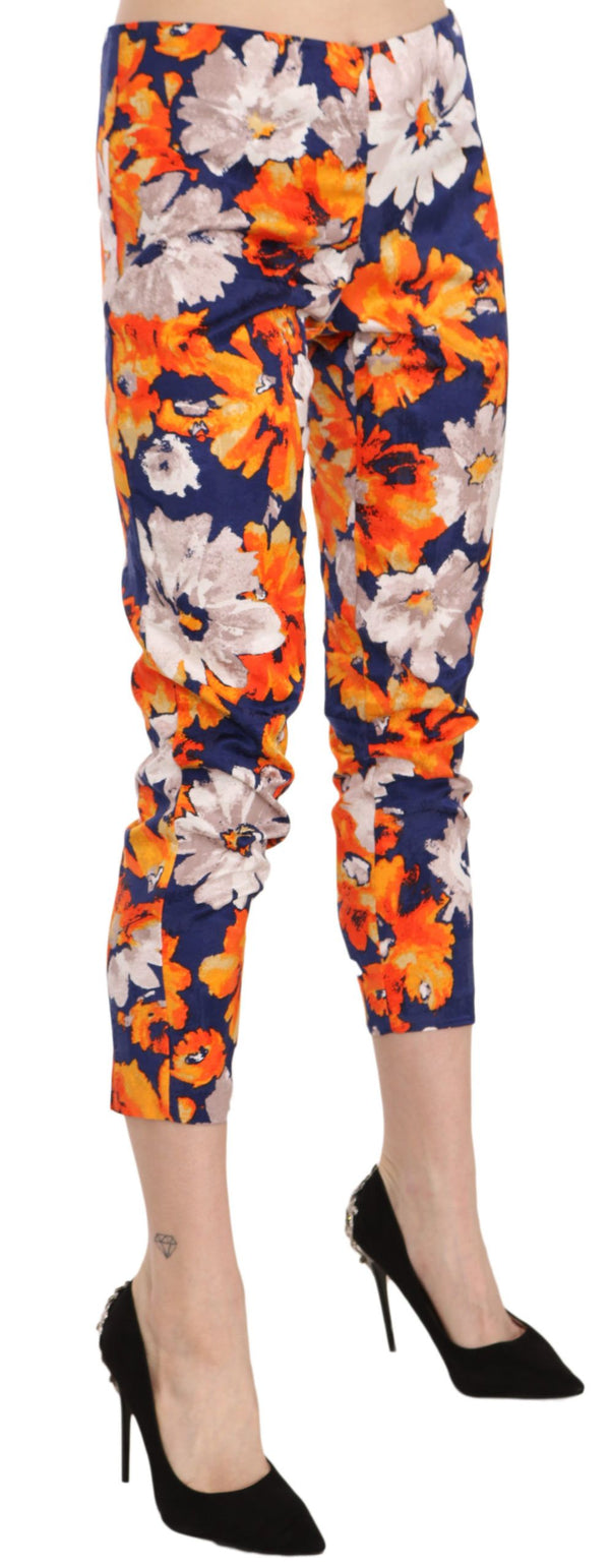 Estampado floral flaco pantalones de vidrio medio