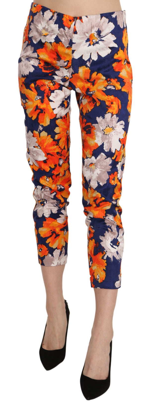 Estampado floral flaco pantalones de vidrio medio