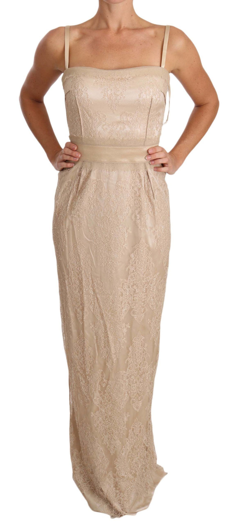 Elegante vestido de vaina beige hasta el suelo