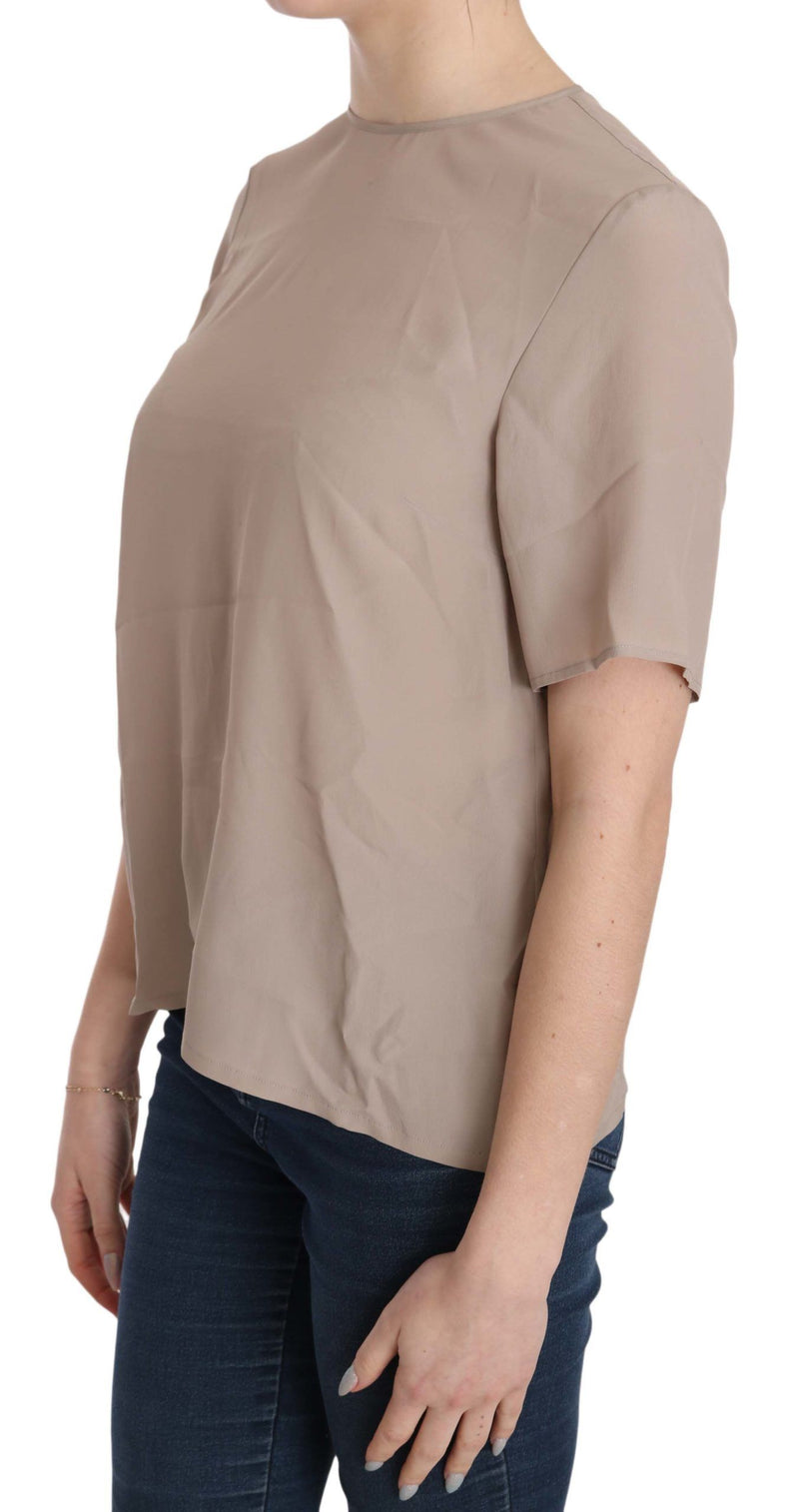 Elegant Beige Silk Blend Crew Neck Clouse