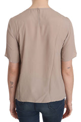 Elegant Beige Silk Blend Crew Neck Clouse