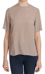 Elegant Beige Silk Blend Crew Neck Clouse