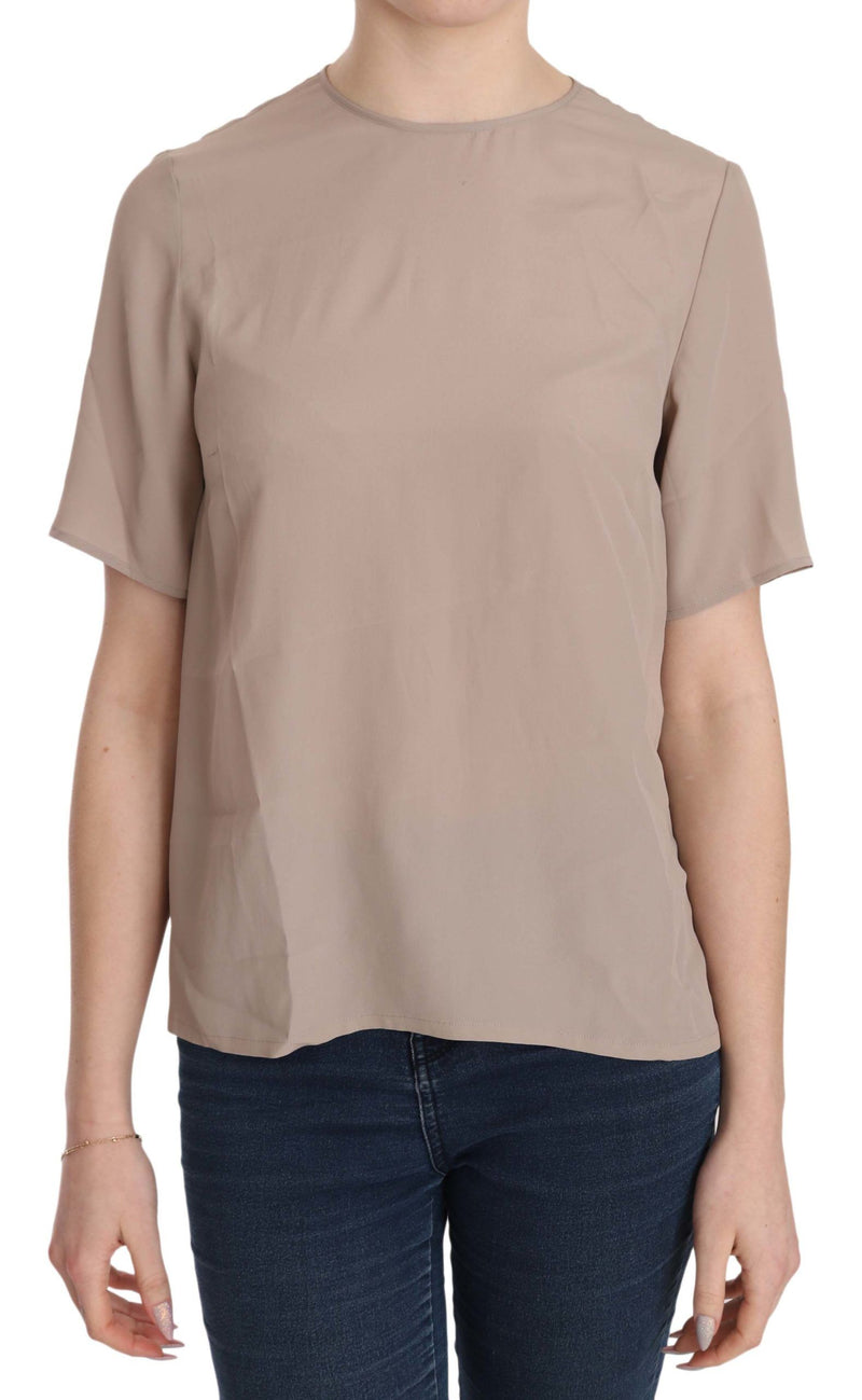 Elegant Beige Silk Blend Crew Neck Clouse