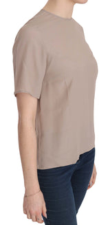 Elegant Beige Silk Blend Crew Neck Clouse