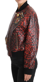 Red Leopard Bomber Lederjacke mit Kristallknöpfen