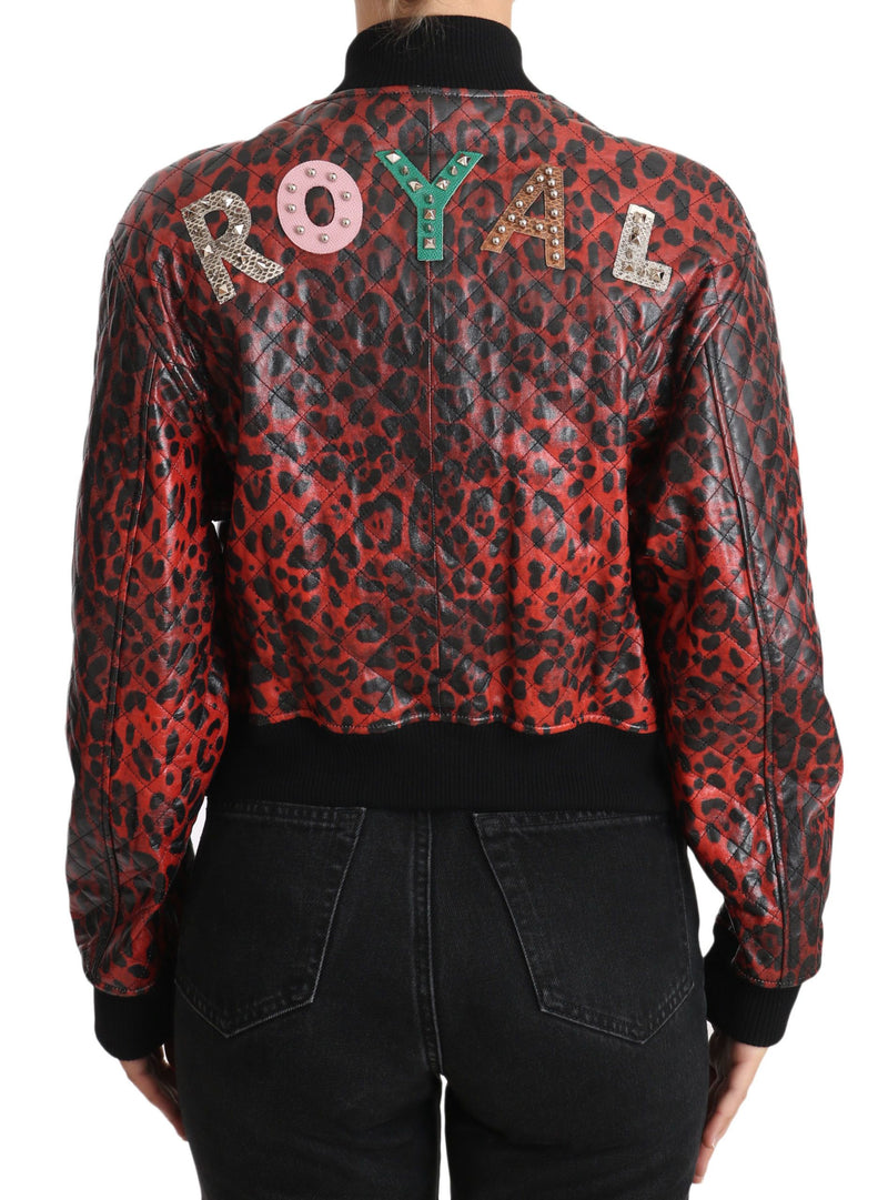 Red Leopard Bomber Lederjacke mit Kristallknöpfen