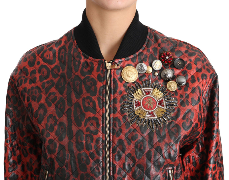 Red Leopard Bomber Lederjacke mit Kristallknöpfen