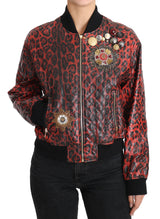 Red Leopard Bomber Lederjacke mit Kristallknöpfen