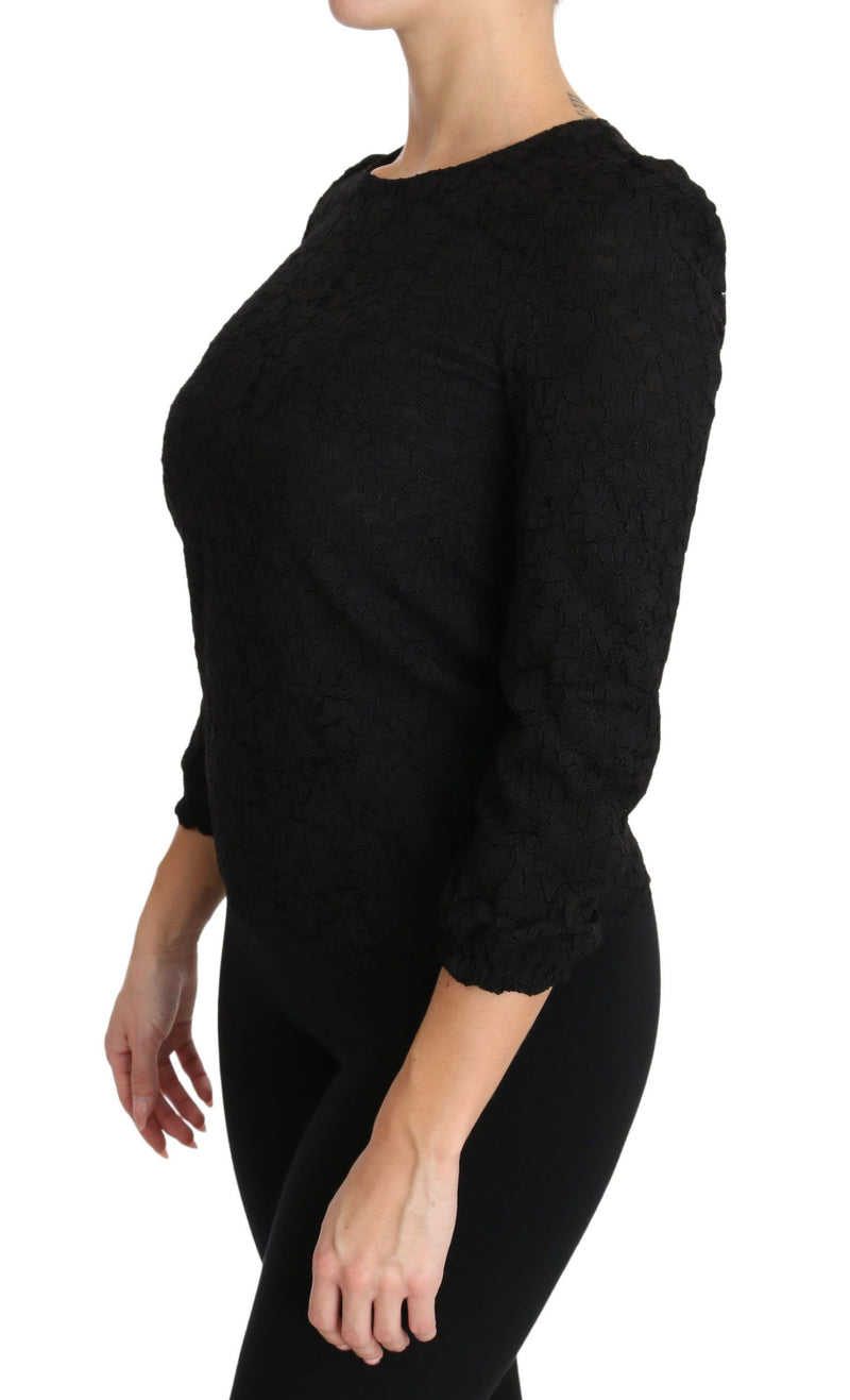 Elegante blusa de cuello de cuello de la tripulación floral negro