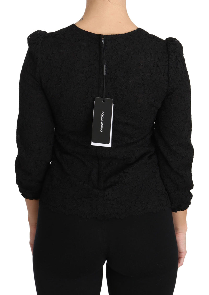 Elegante schwarze Blumencrewneck -Bluse