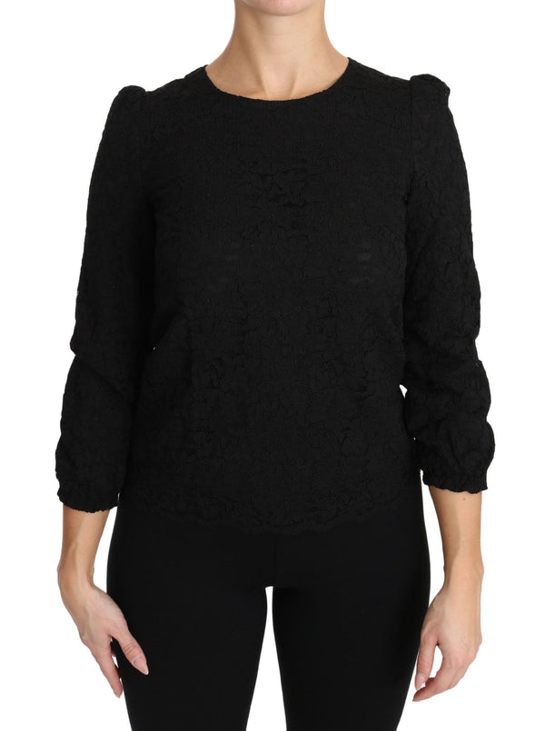 Elegante blusa de cuello de cuello de la tripulación floral negro