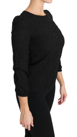 Elegante blusa de cuello de cuello de la tripulación floral negro