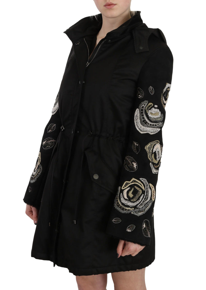 Elegante schwarze Perlenparka -Jacke für Frauen