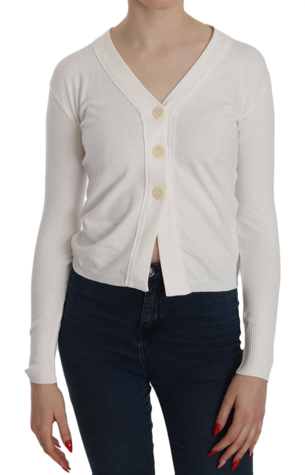 Elegant Blanc White V-Neck Croted Cardigan Blouse