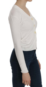 Elegant Blanc White V-Neck Croted Cardigan Blouse