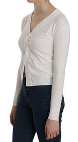 Elegant White V-Neck Cropped Cardigan Blouse