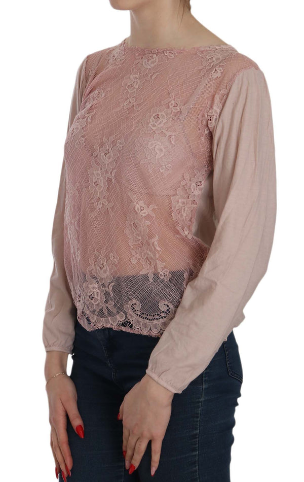 Elegante blusa de cuello de bote de encaje rosa