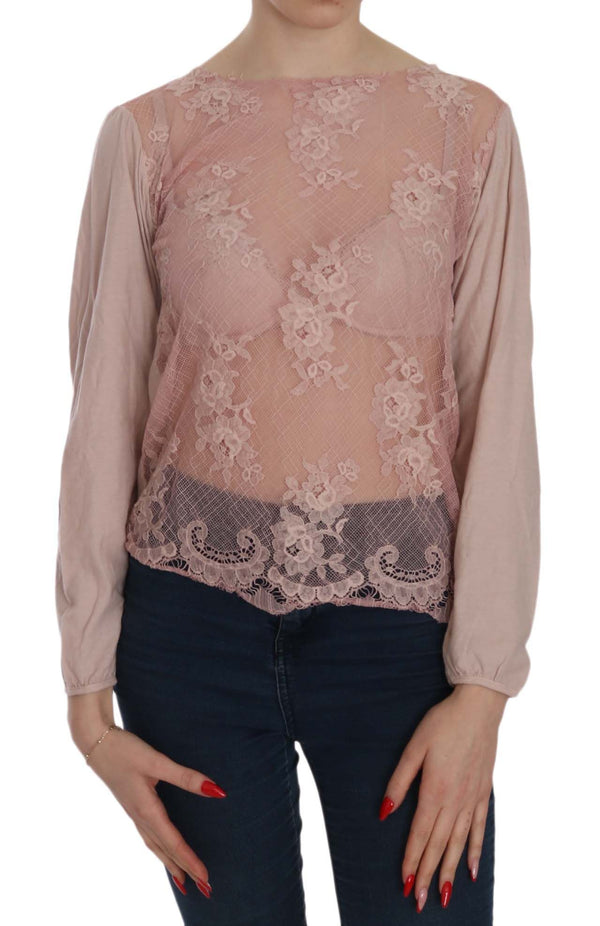 Elegante blusa de cuello de bote de encaje rosa