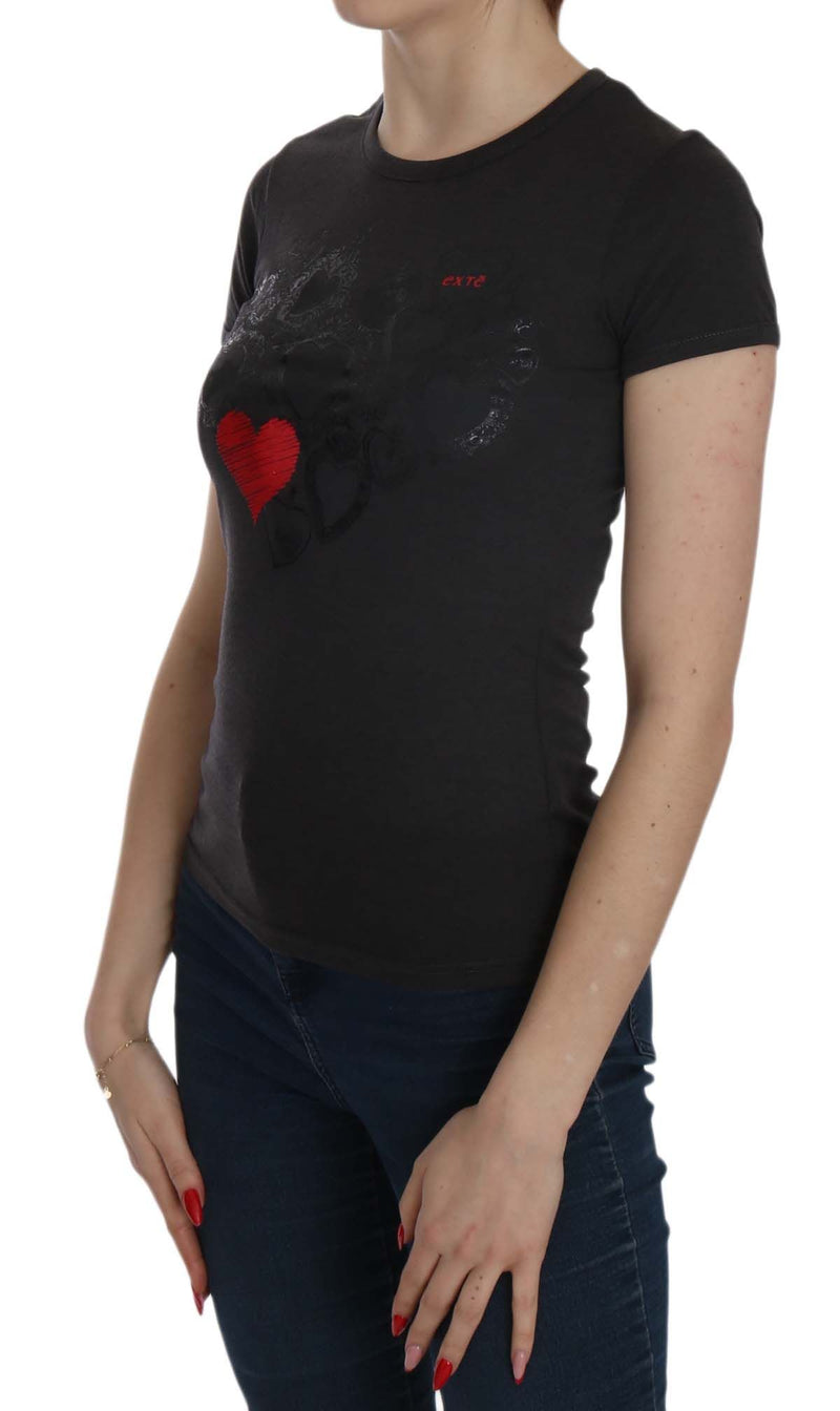 Black Hearts Print Crew Neck Bluse