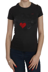 Black Hearts Print Crew Neck Bluse