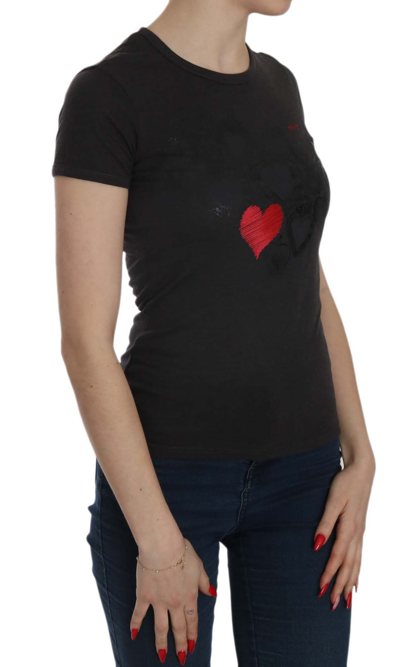 Black Hearts Print Crew Neck Bluse