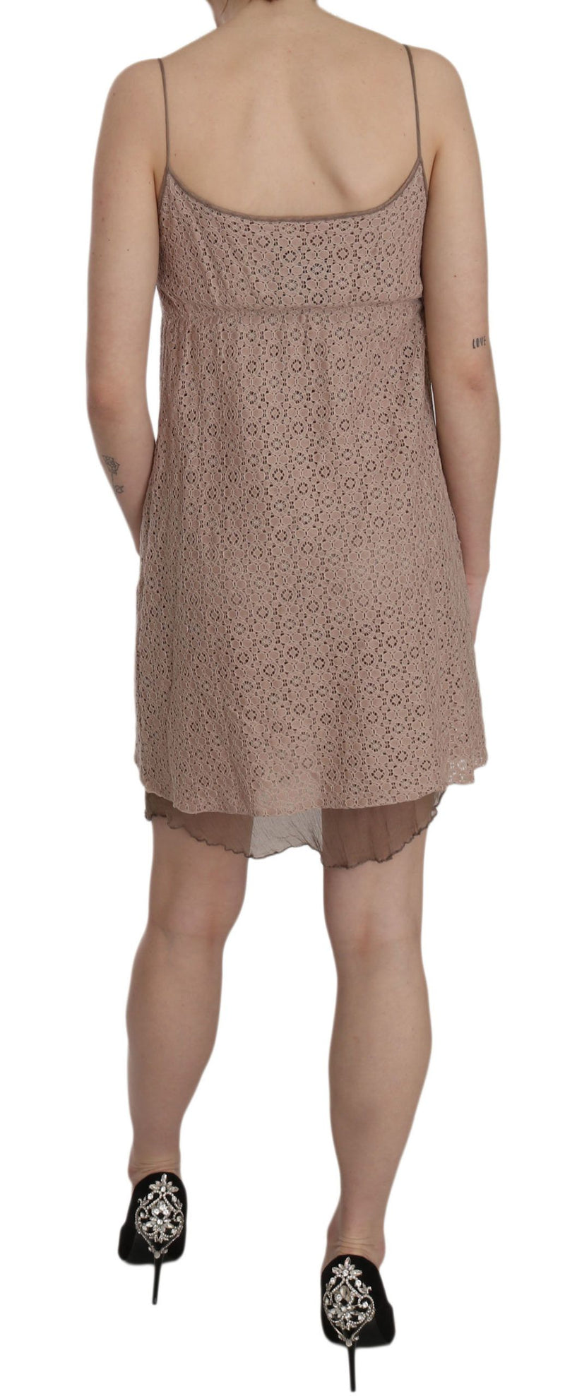 Beige a-line spaghetti strap mini vestido