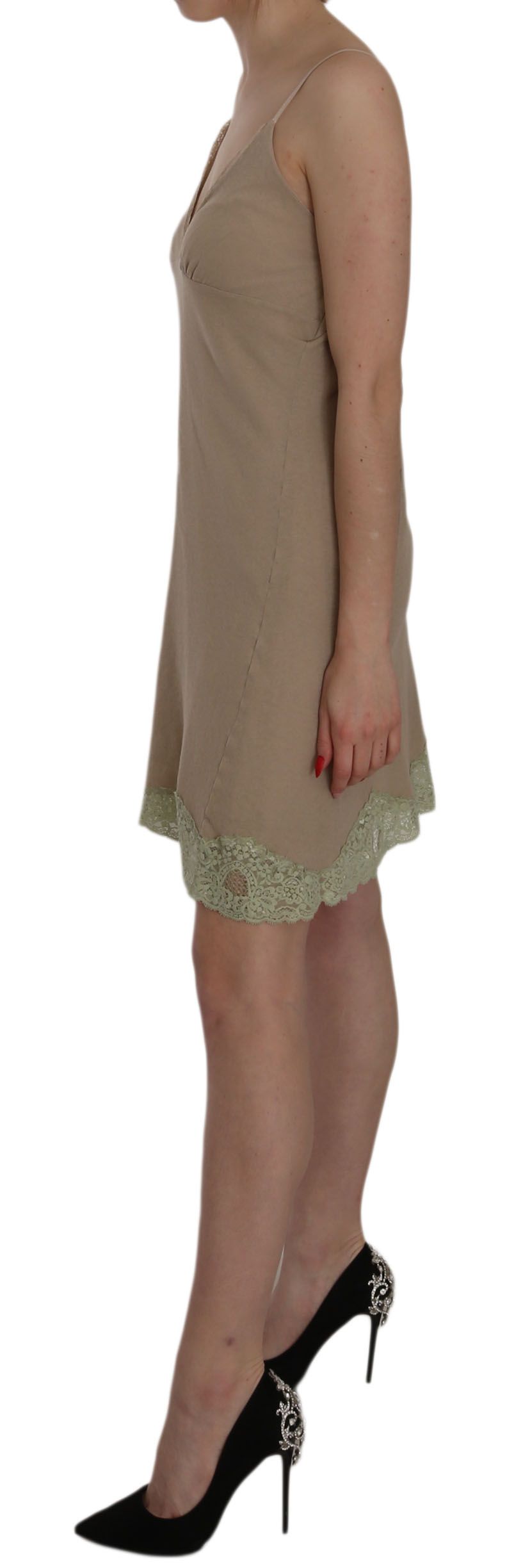 Elegante mini abito spaghetti in pizzo beige