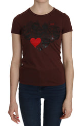 Chic Brown Heart Print Crew Neck Top