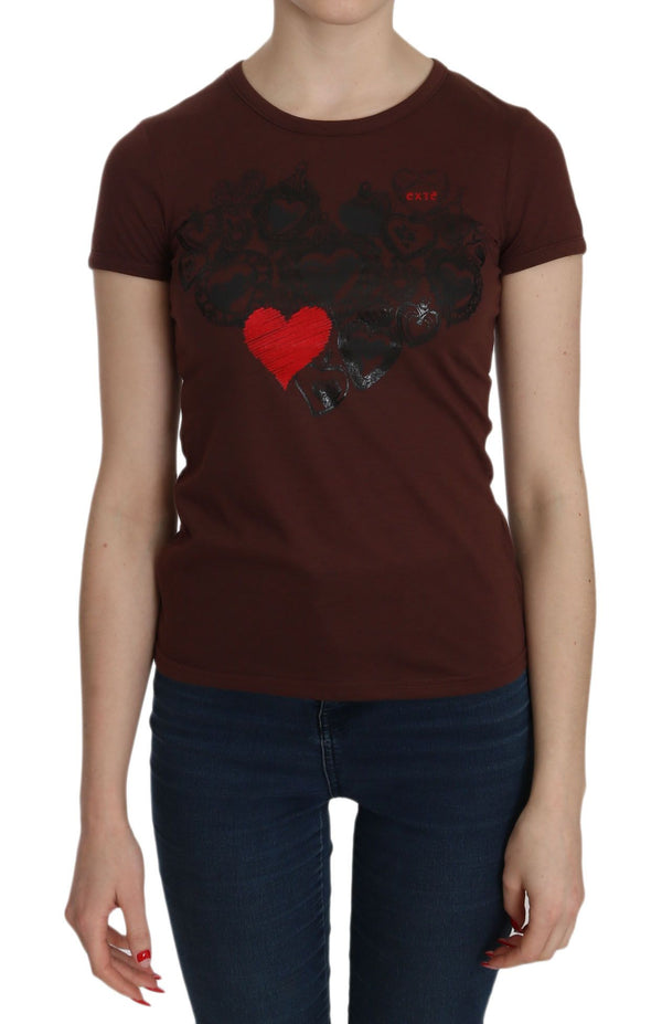 Chic Brown Heart Print Crew Nou