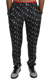 Elegant Black Musical Instrument Print Silk Pants