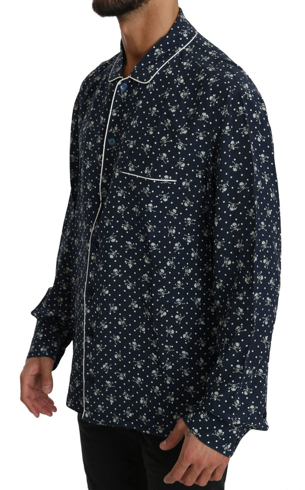 Seidene Eleganz: Blue Skull Print Lounge Shirt