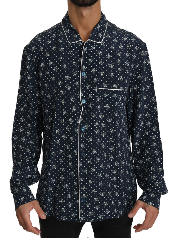 Élégance de soie: chemise de salon à imprimé Blue Skull