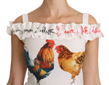 Elegante weiße Rooster -Druckscheide Midi Kleid