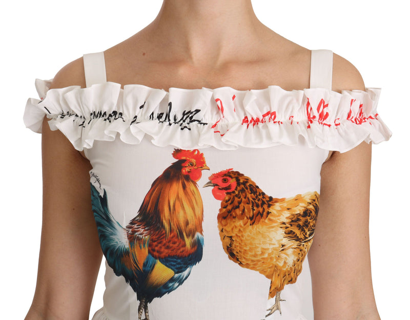 Elegante abito midi a guaina con stampa da gallo bianco