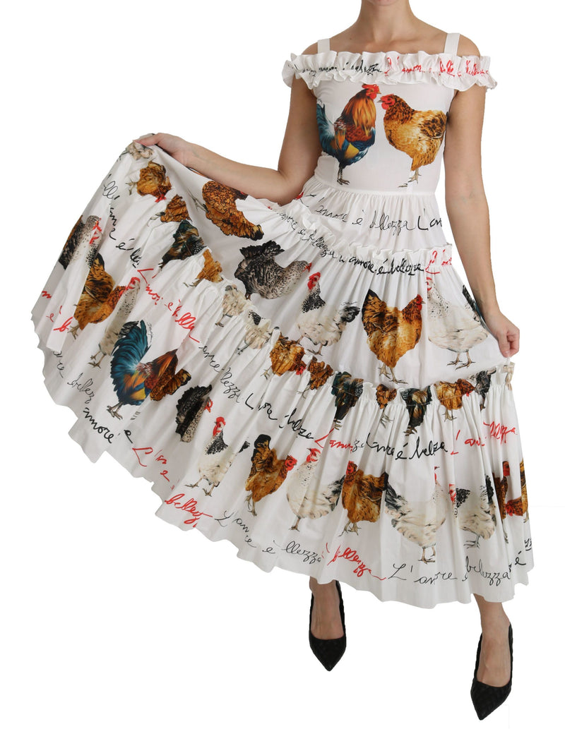 Elegante weiße Rooster -Druckscheide Midi Kleid