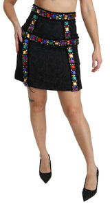 Elegant High-Waist Embellished Black Skirt