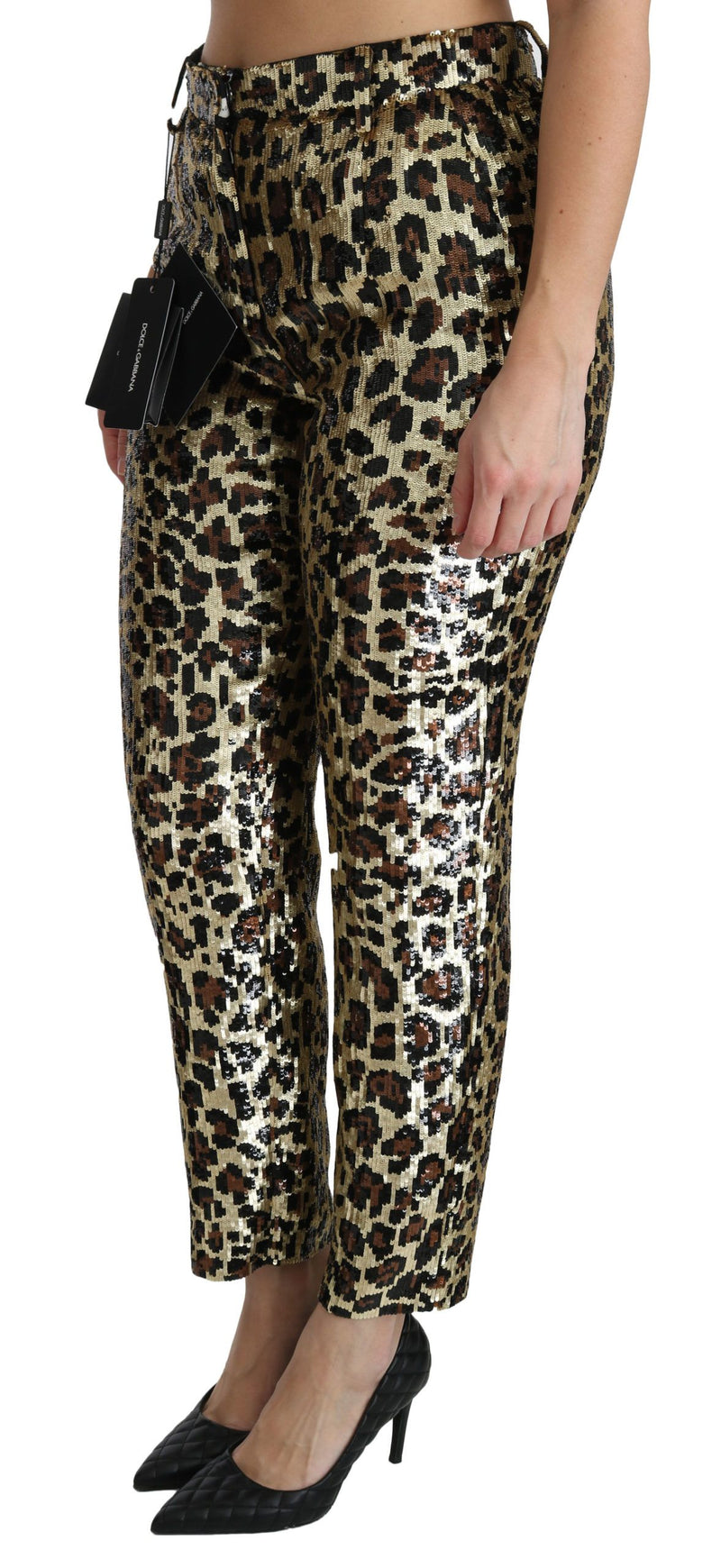 Pantaloni di paillettes al leopardo ad alta vita chic