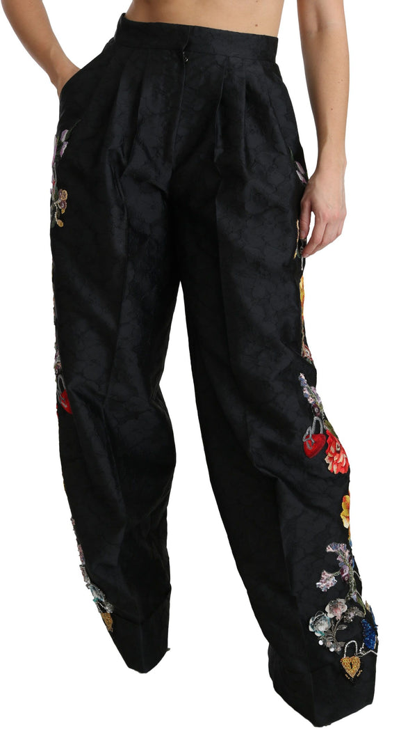 Élégant pantalon floral de la jambe large de taille haute